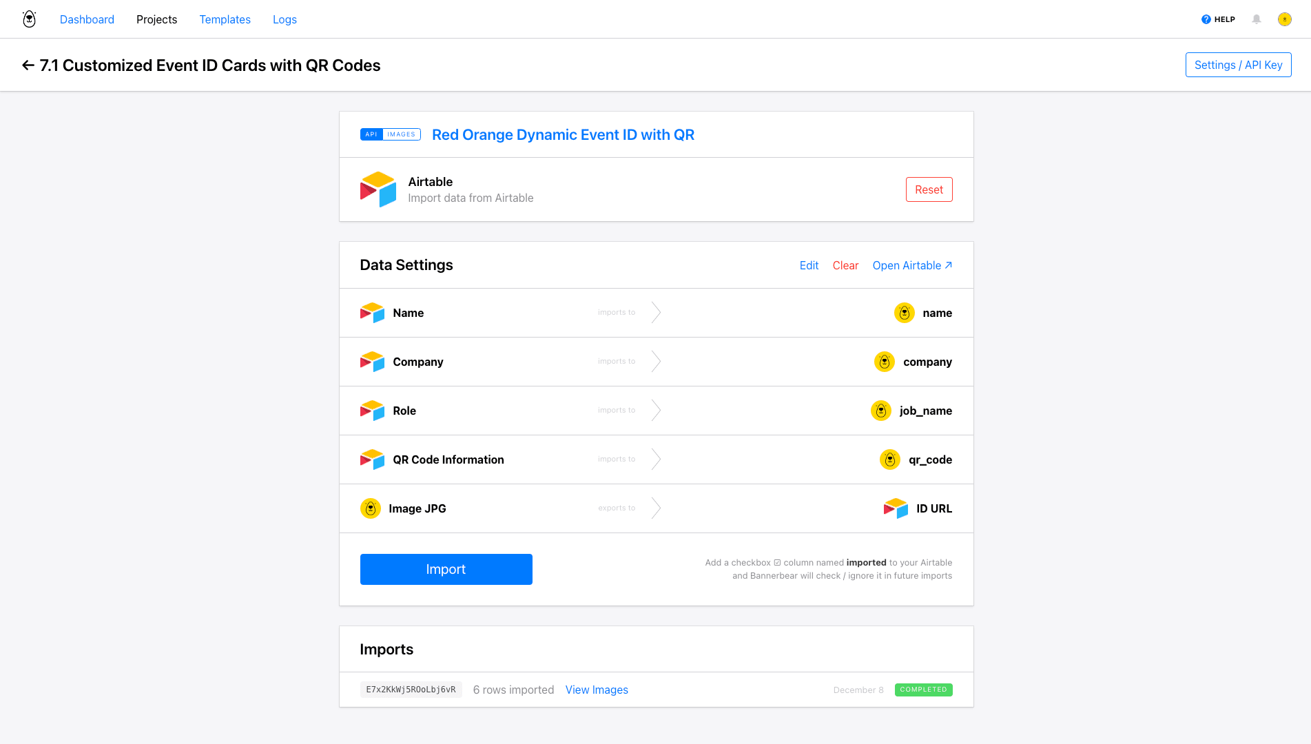 Screenshot of Bannerbear Airtable data import generation method