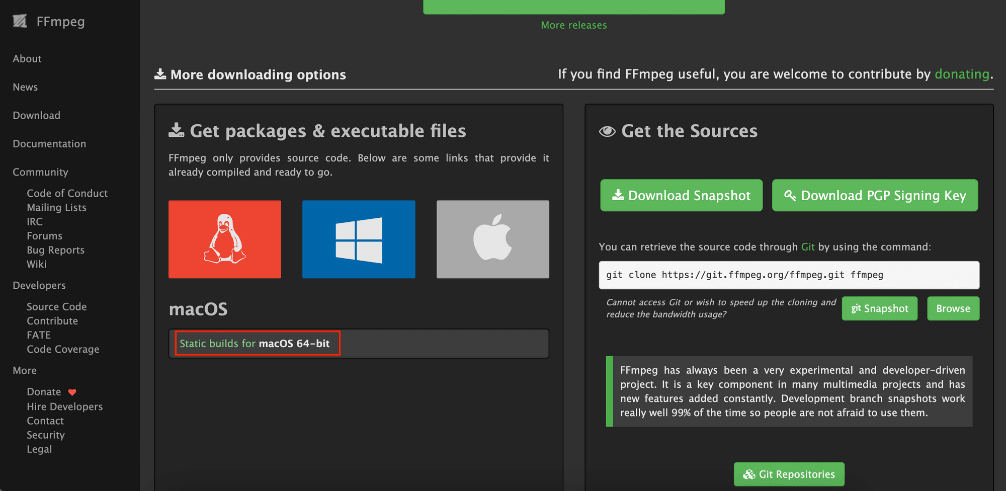 a screenshot of the FFmpeg download page