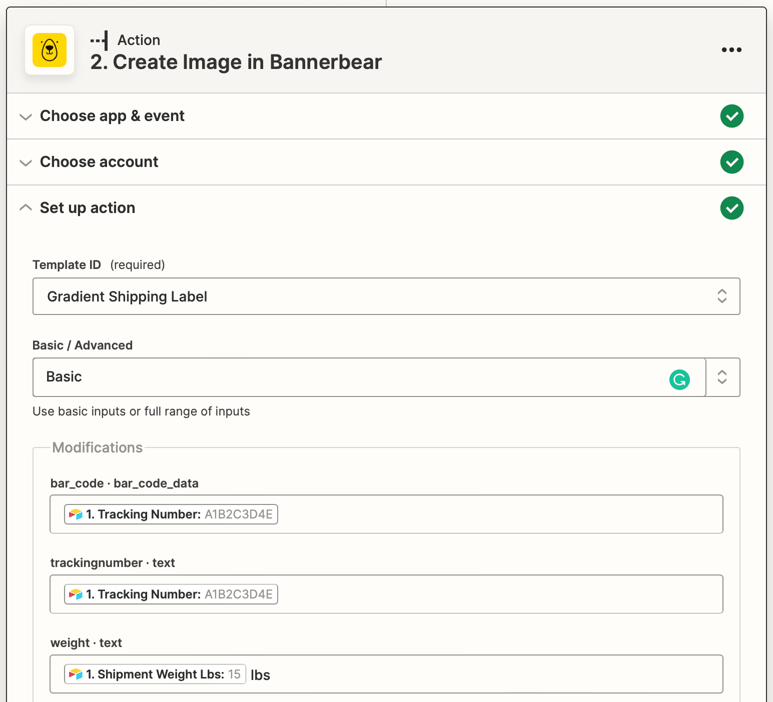 Screenshot of Zapier Bannerbear create image setup