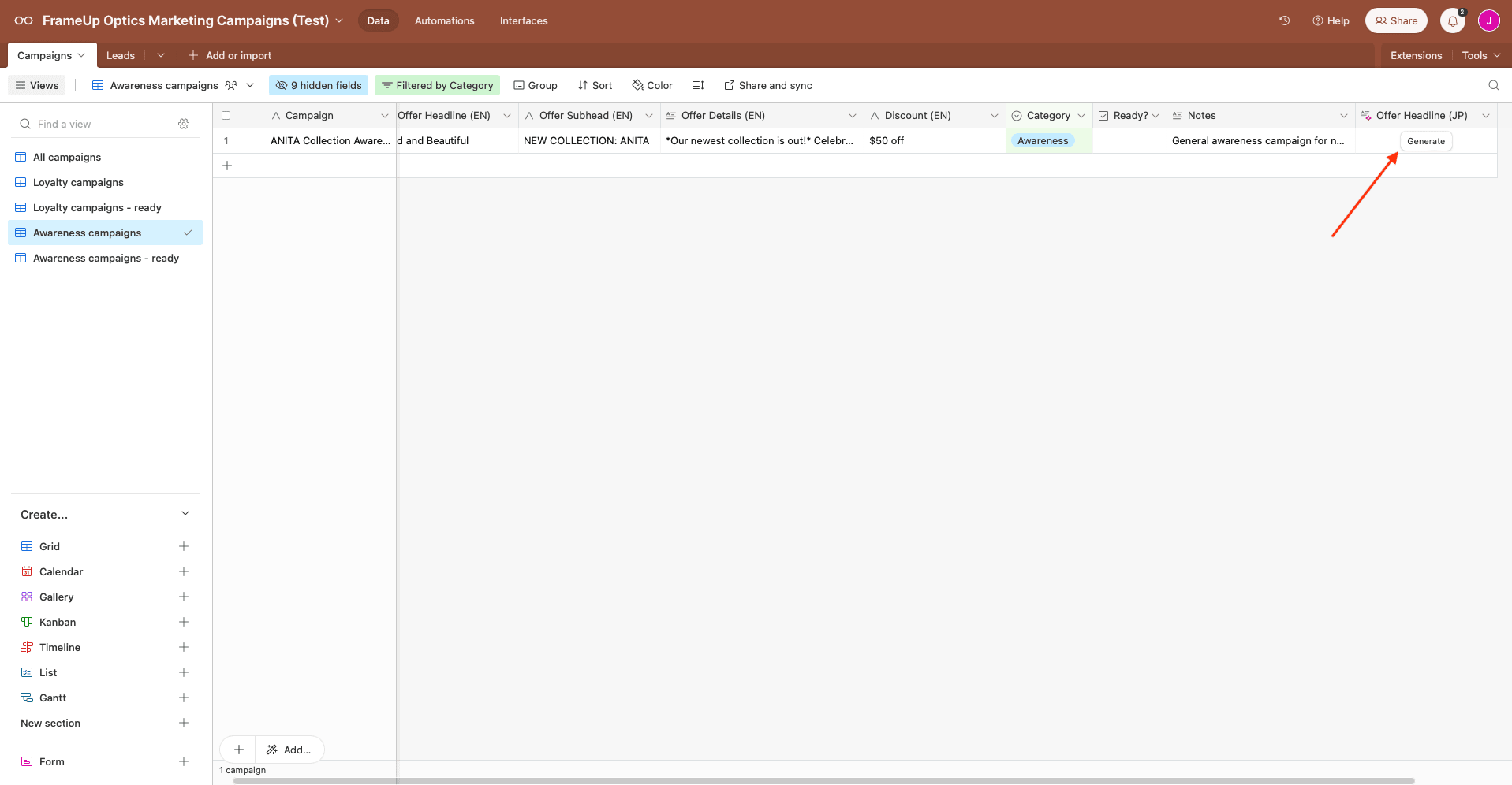 Screenshot of Airtable base with red arrow pointing to generate button