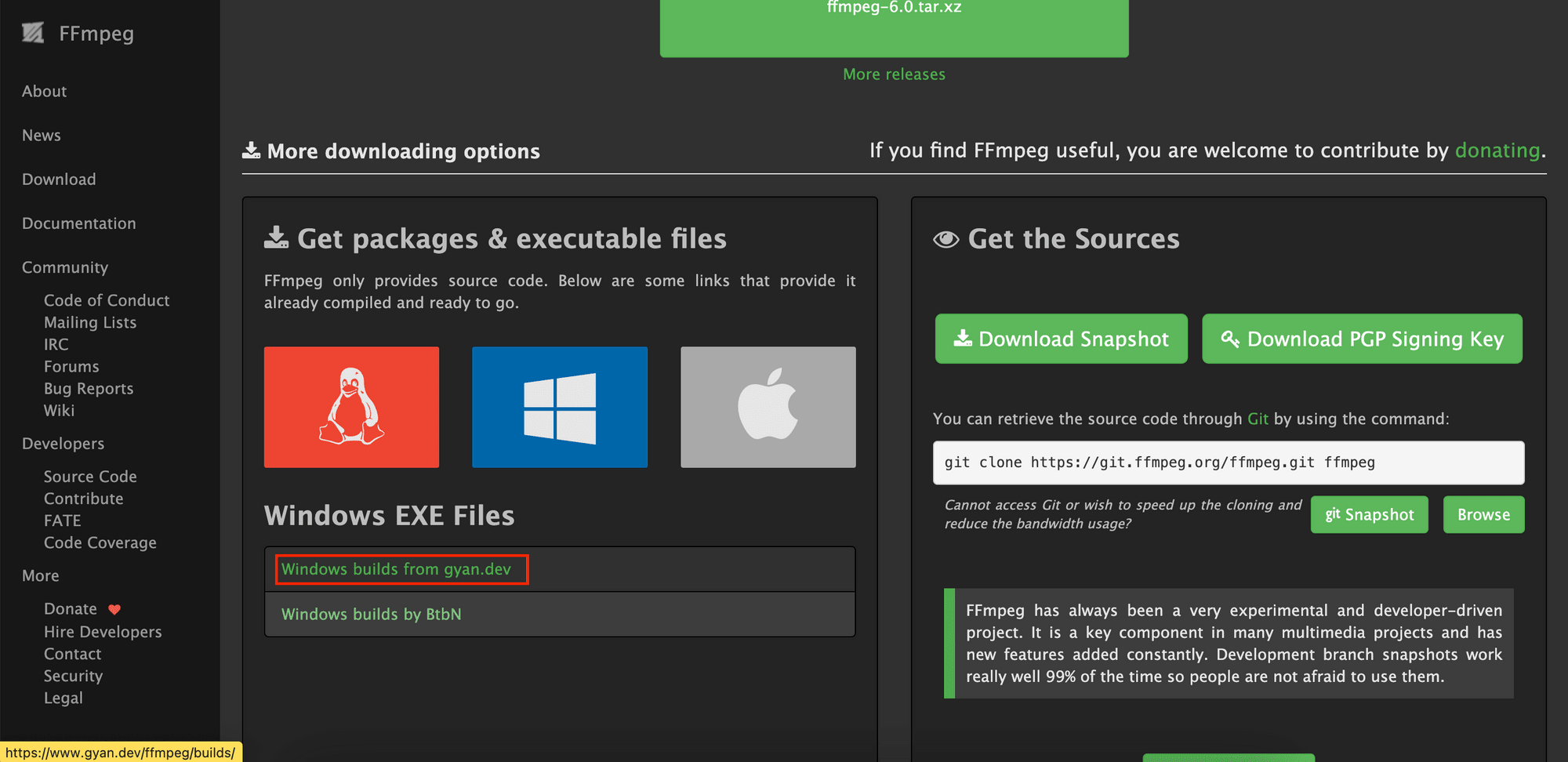 a screenshot of the FFmpeg download page
