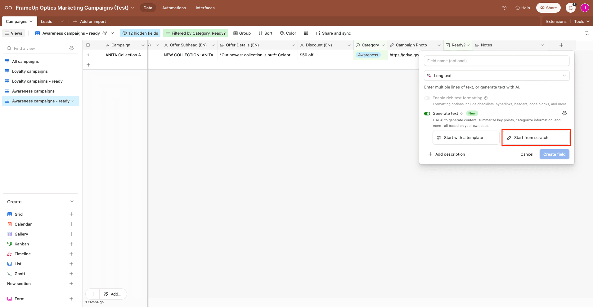 Screenshot of Airtable AI field setup with start from scratch outlined in red