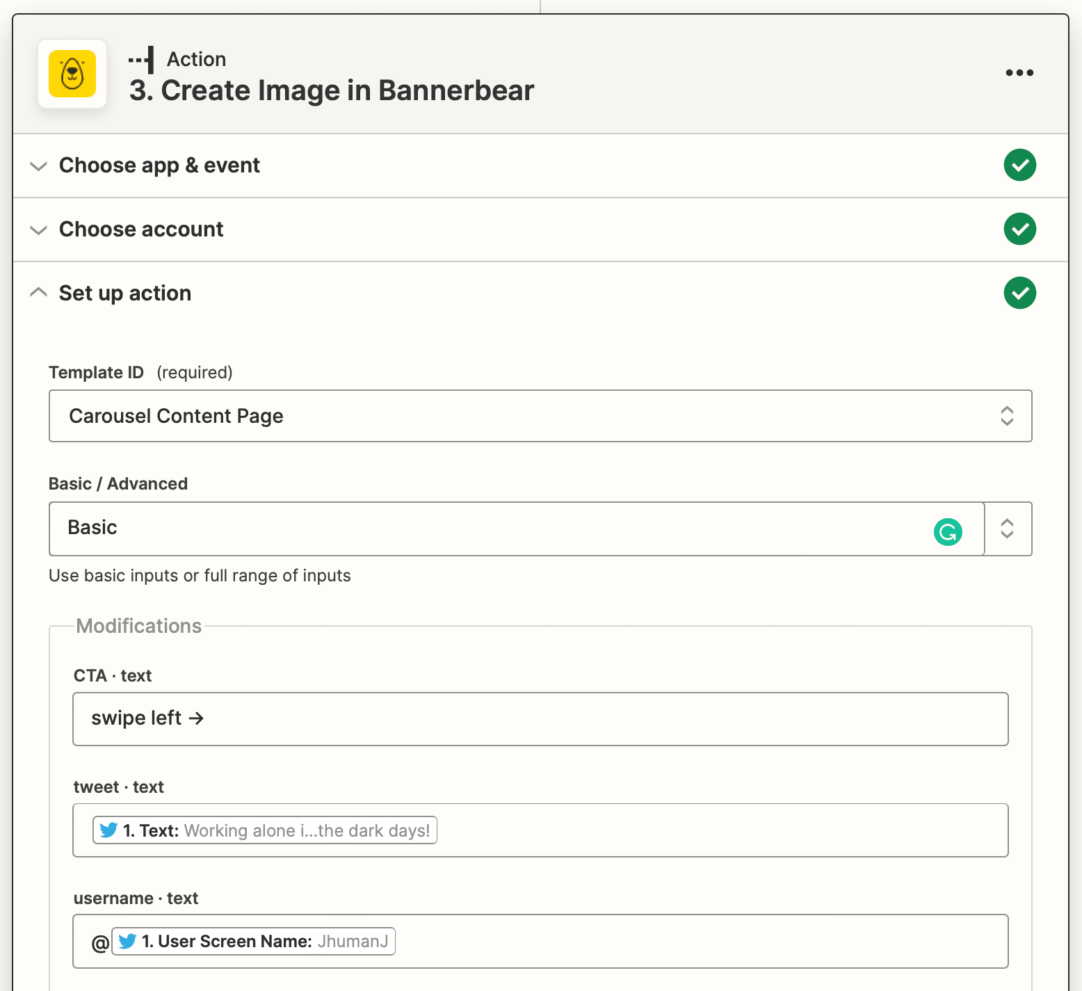 Screenshot of Zapier Bannerbear create image action setup