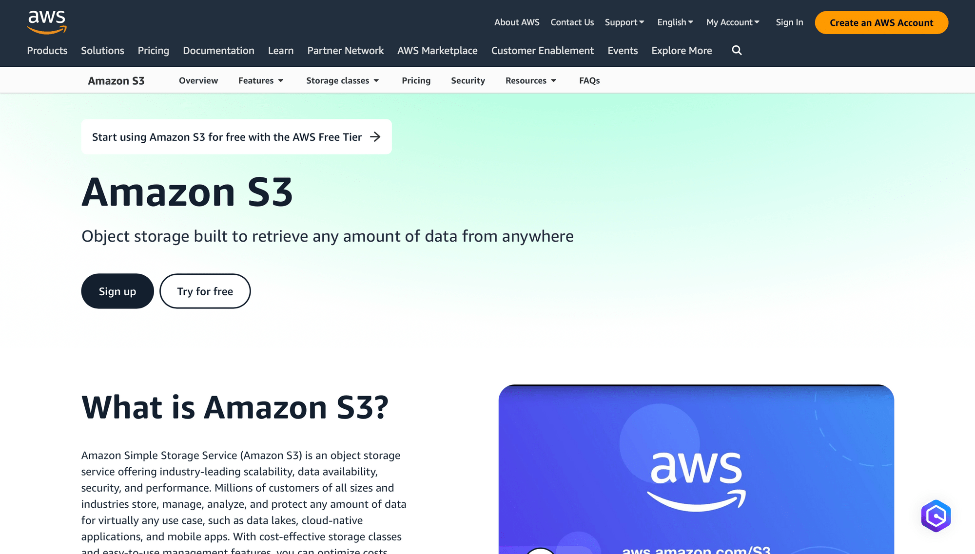 Screenshot of Amazon S3 marketing site
