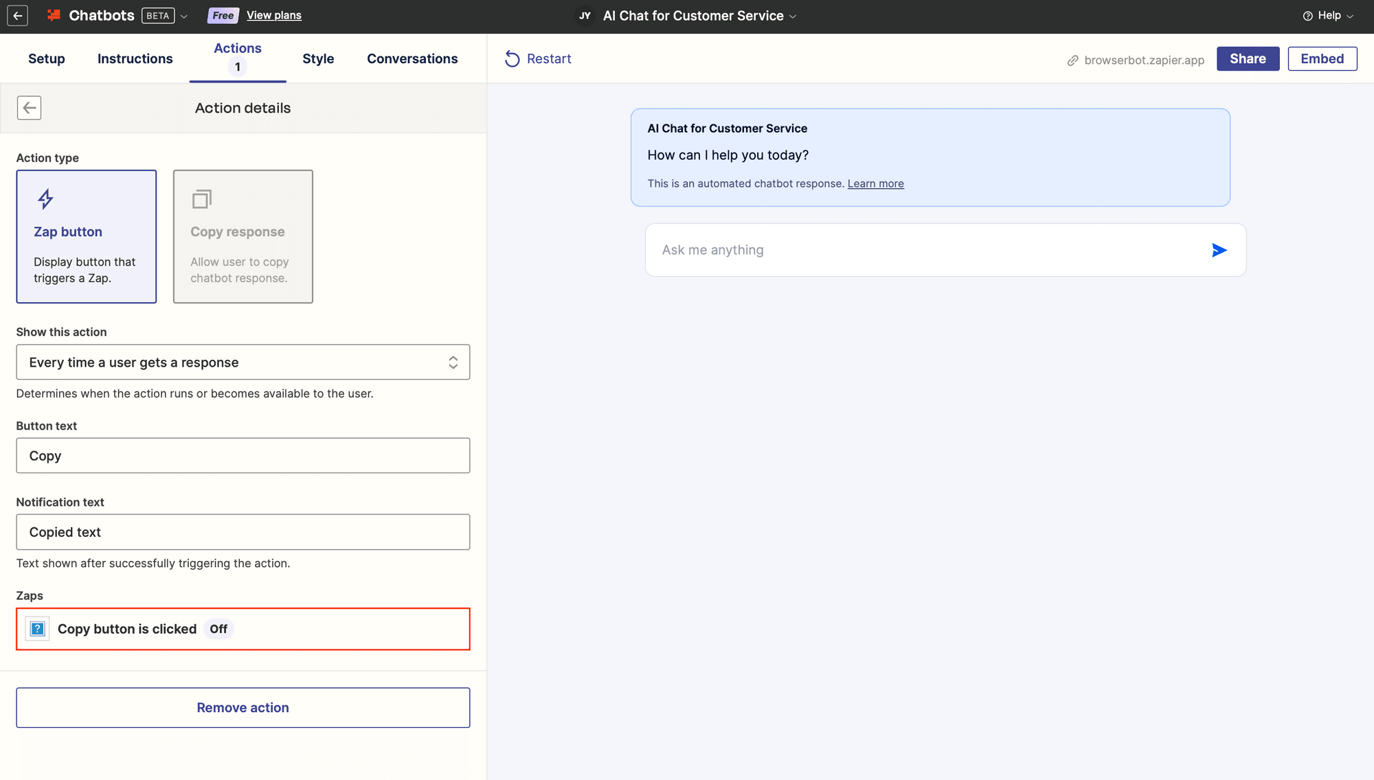 Screenshot of Zapier Chatbots actions tab with red box around zap