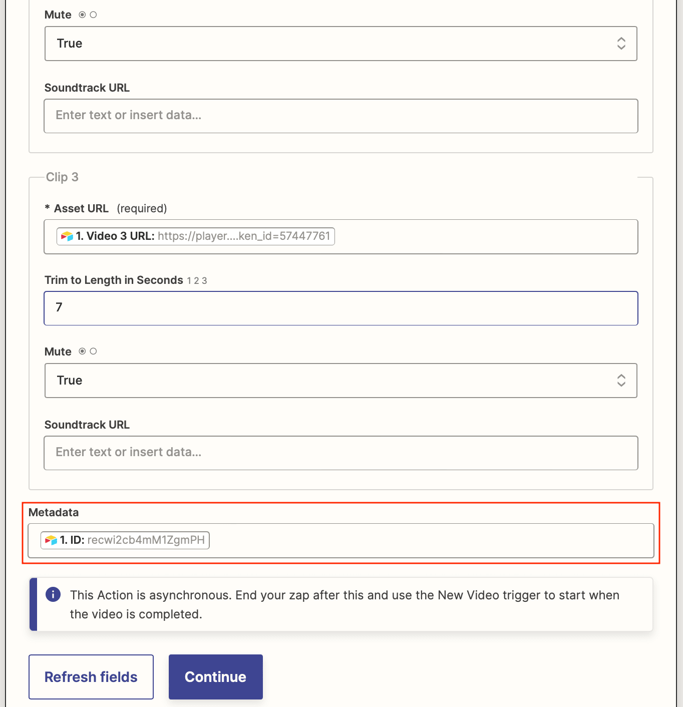Screenshot of Zapier Bannerbear create movie action with metadata outlined in red