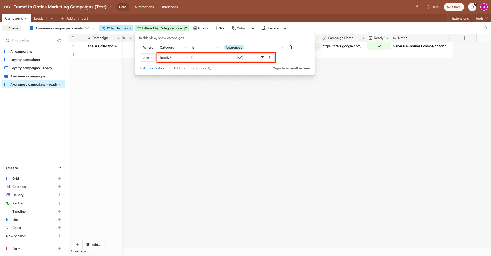 Screenshot of Airtable view with ready filter outlined in red