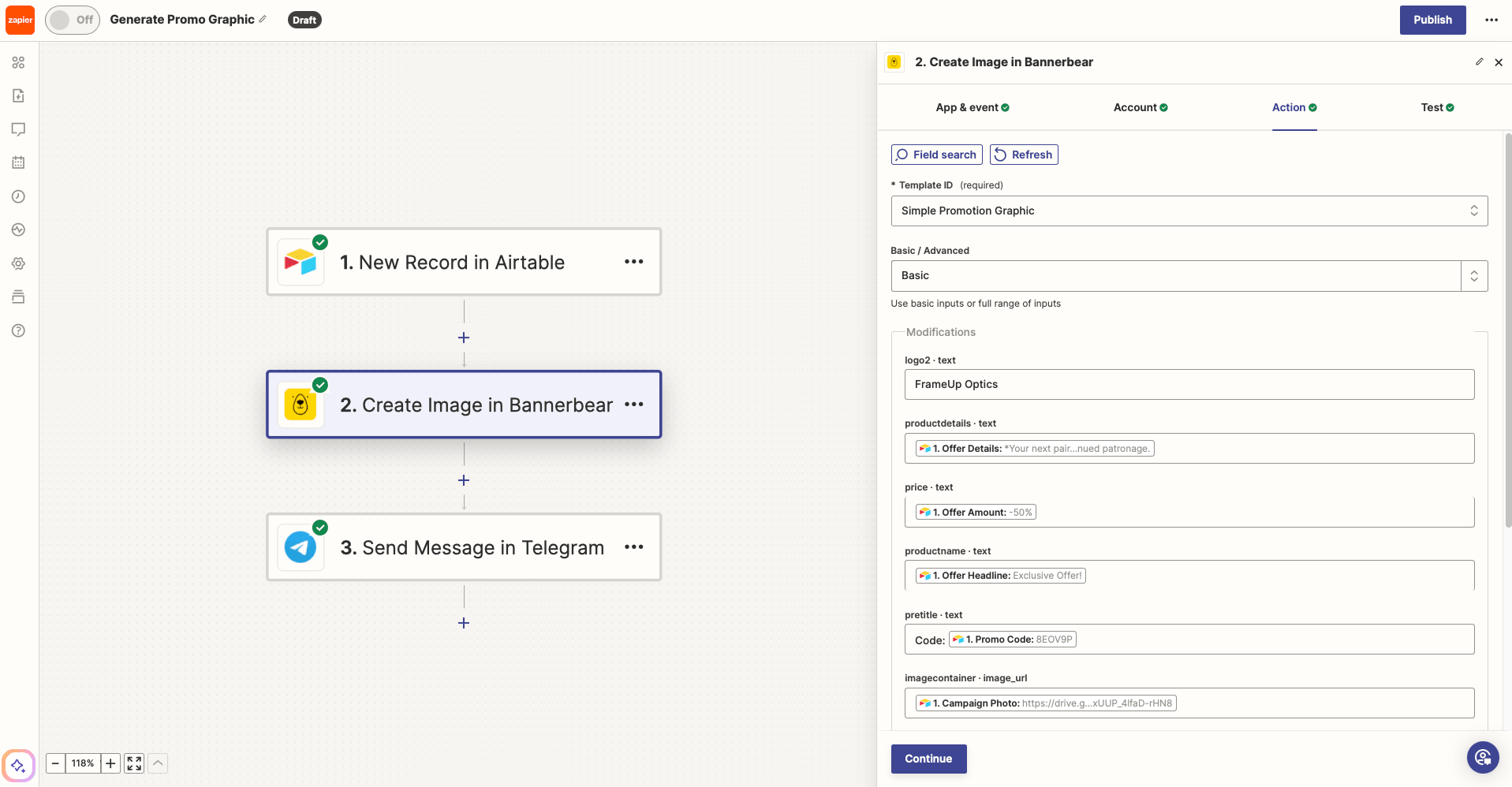 Screenshot of Zapier Bannerbear create image action