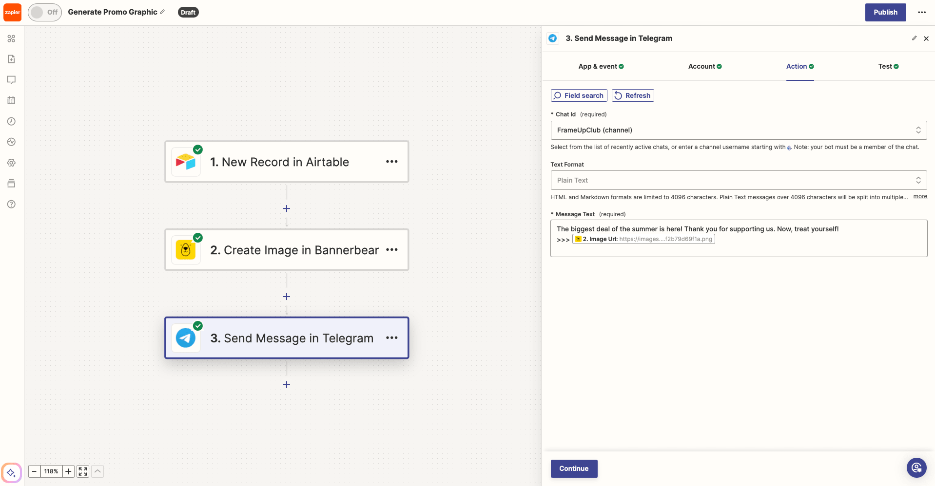 Screenshot of Zapier Telegram send message action