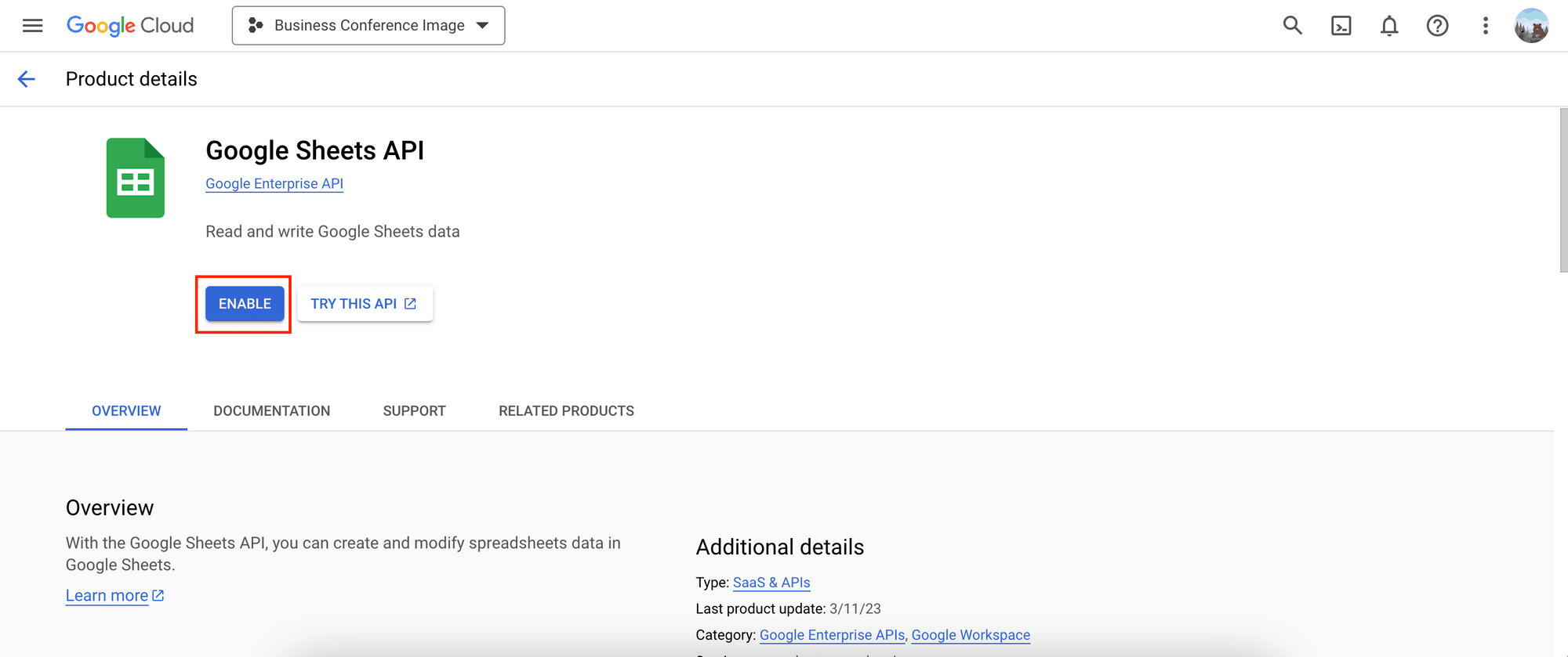 Google Cloud console - enable Google Sheets API.png