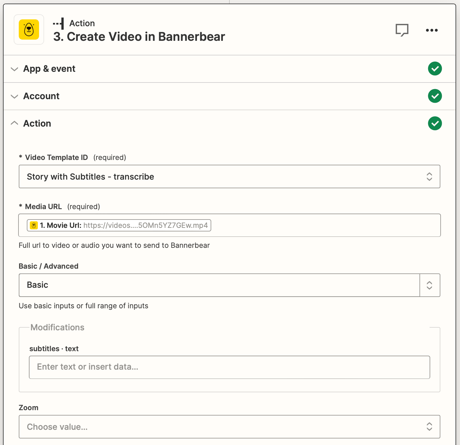 Screenshot of Zapier Bannerbear create video action