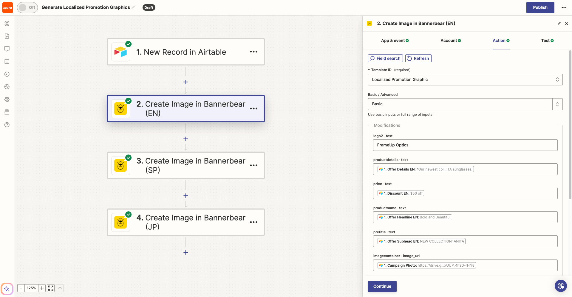 Screenshot of Zapier Bannerbear create image action