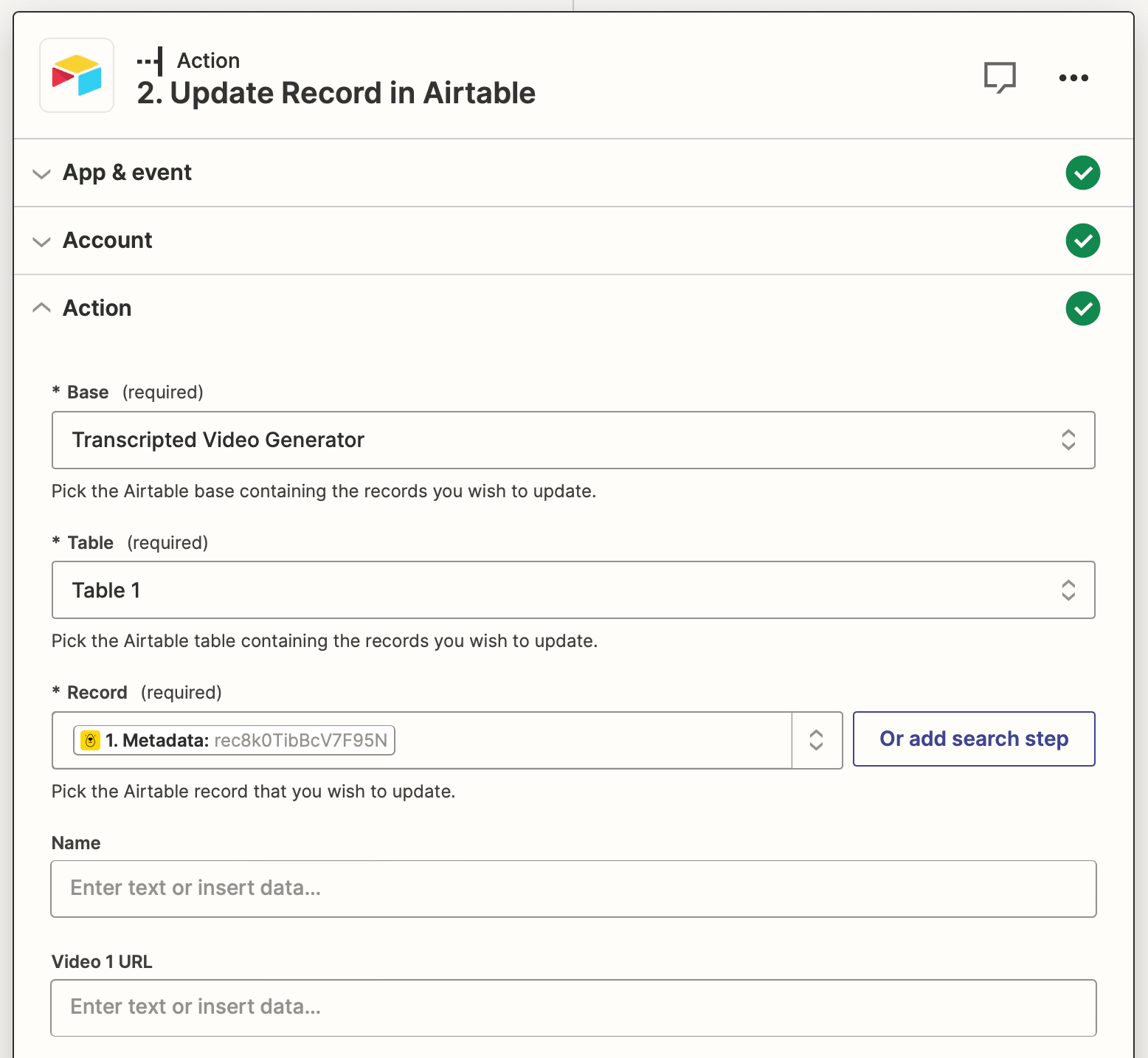 Screenshot of Zapier Airtable update record action