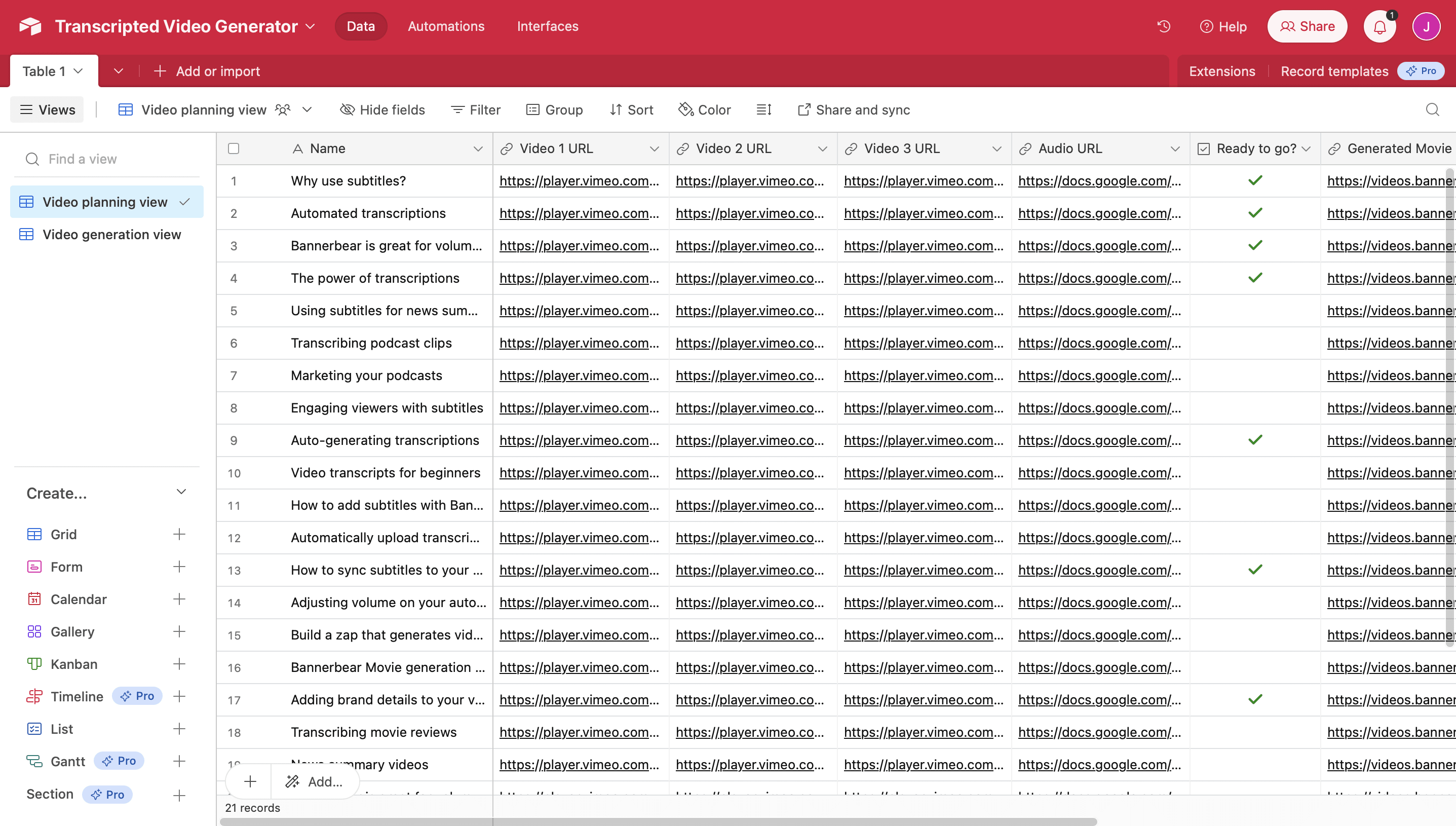 Screenshot of Airtable transcripted video generator base with sample data