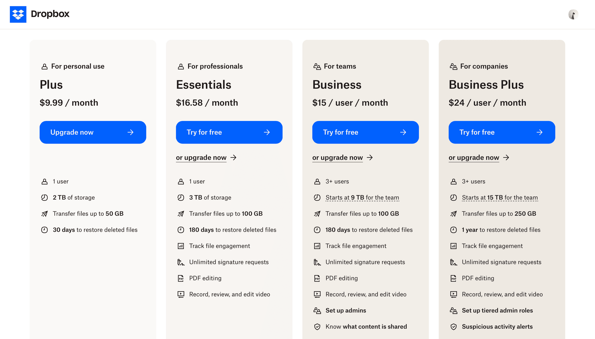 Screenshot of Dropbox pricing