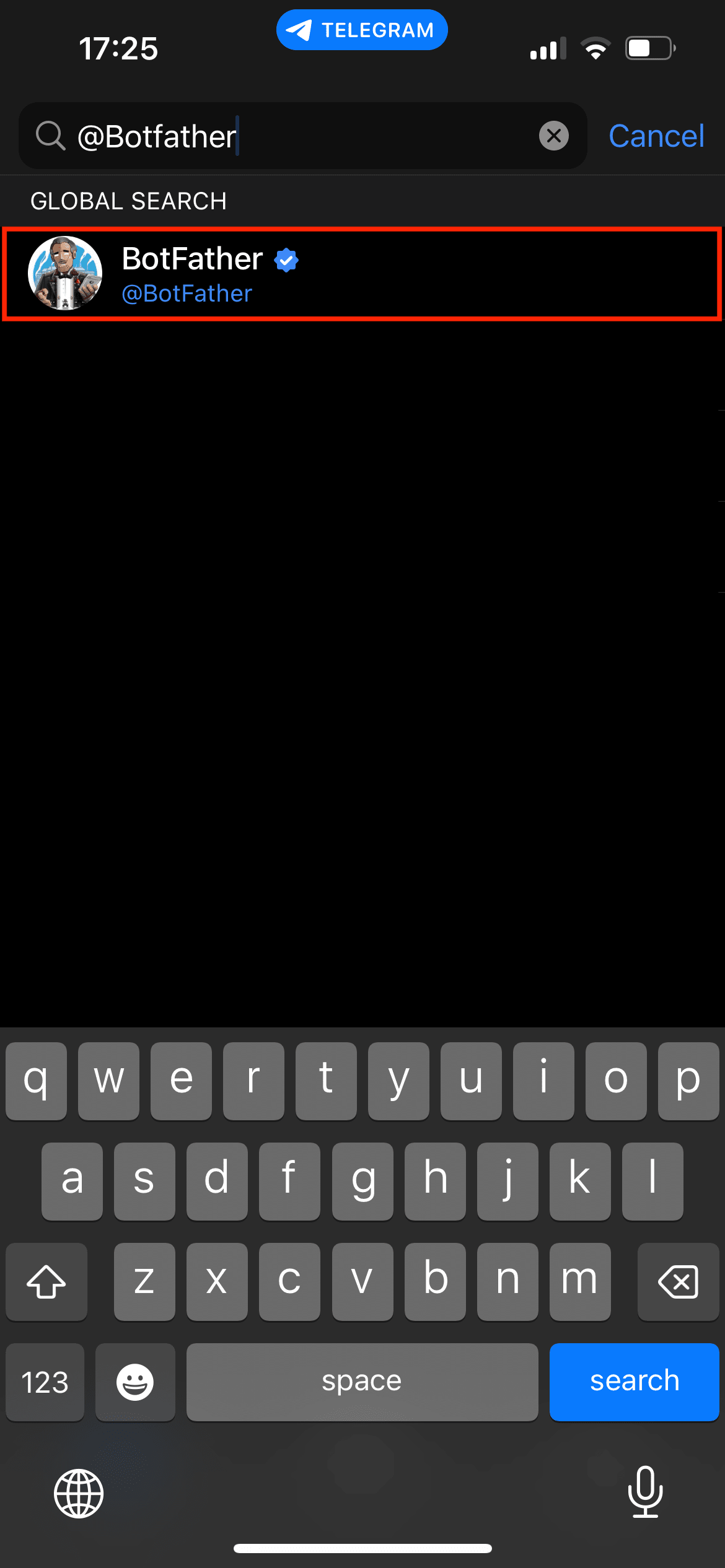 Mobile screenshot of Telegram contact page with @Botfather outlined in red