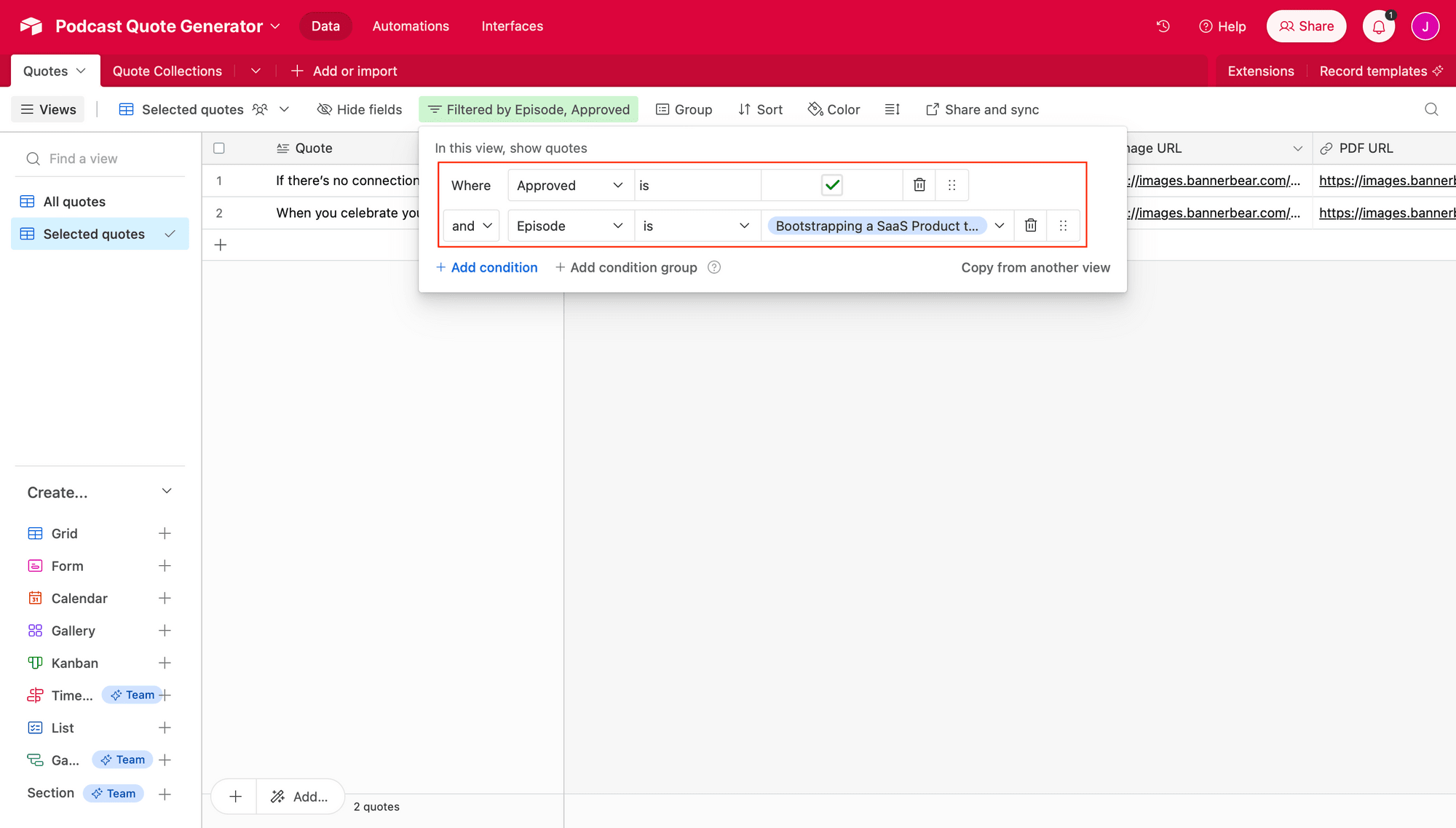 Screenshot of Airtable selected quotes table with filters outlined in red