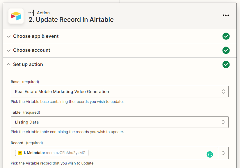 Screenshot of Zapier Airtable update record action with metadata