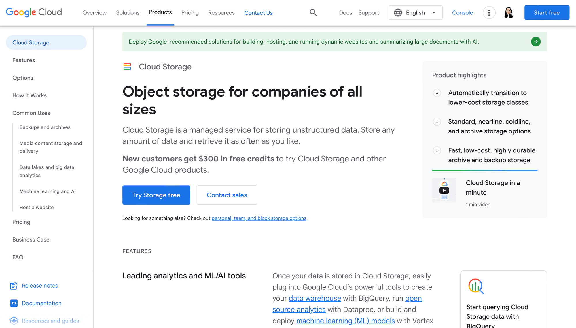 Screenshot of Google Cloud Storage product page