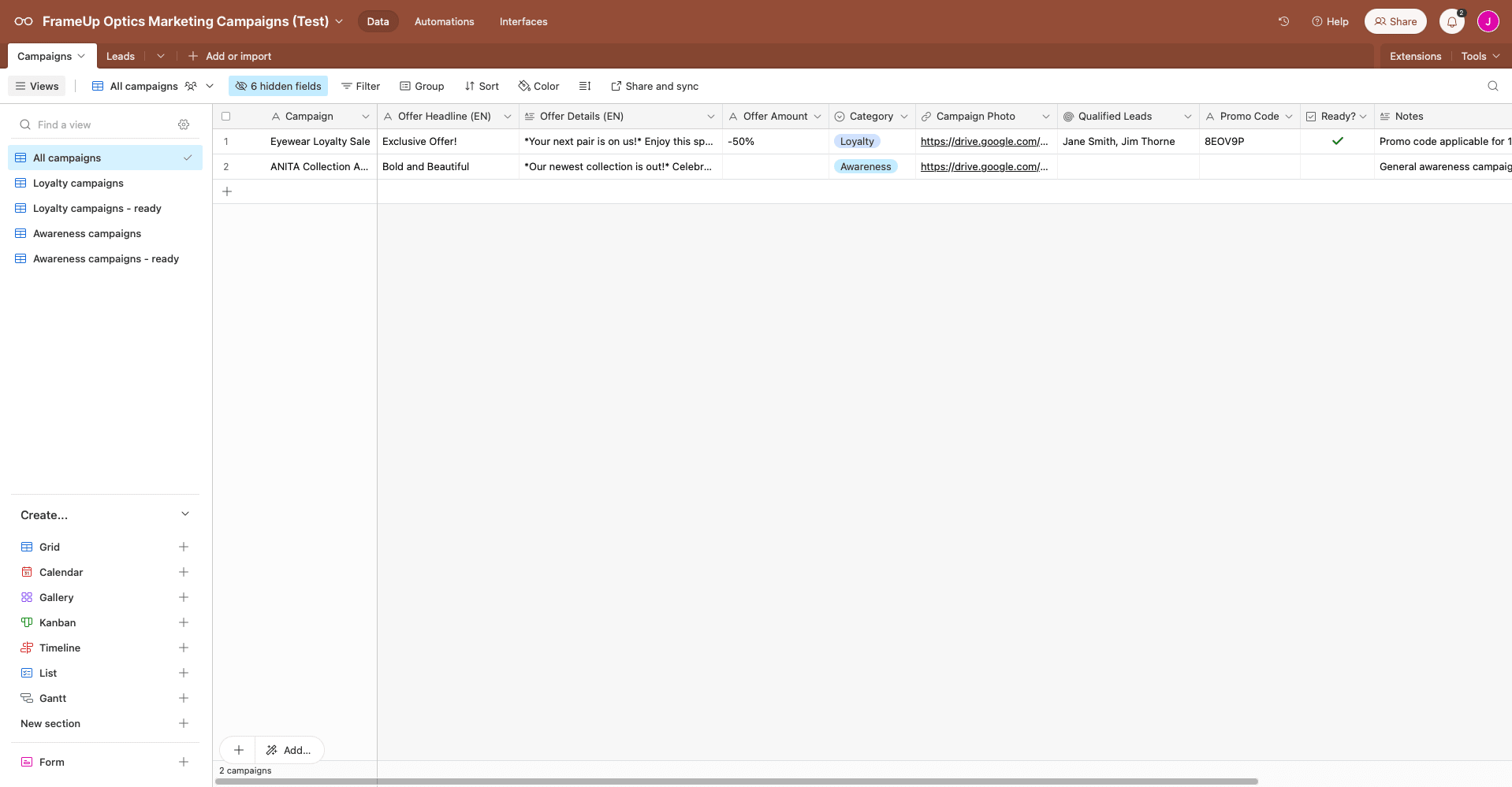 Screenshot of Airtable base with sample data