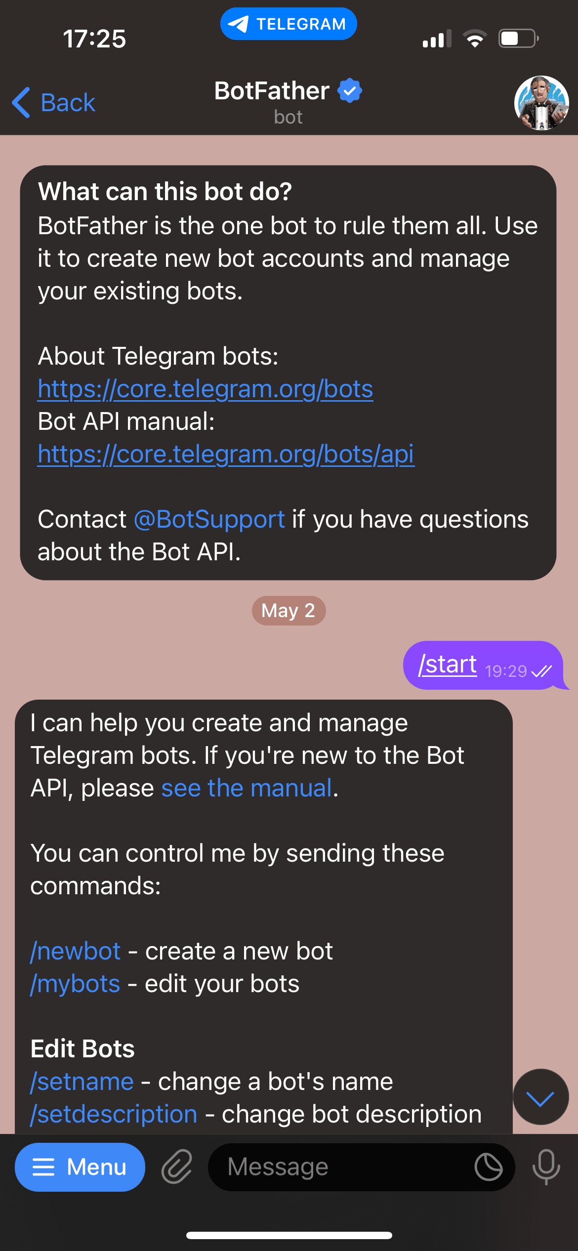 Mobile screenshot of Botfather start chat