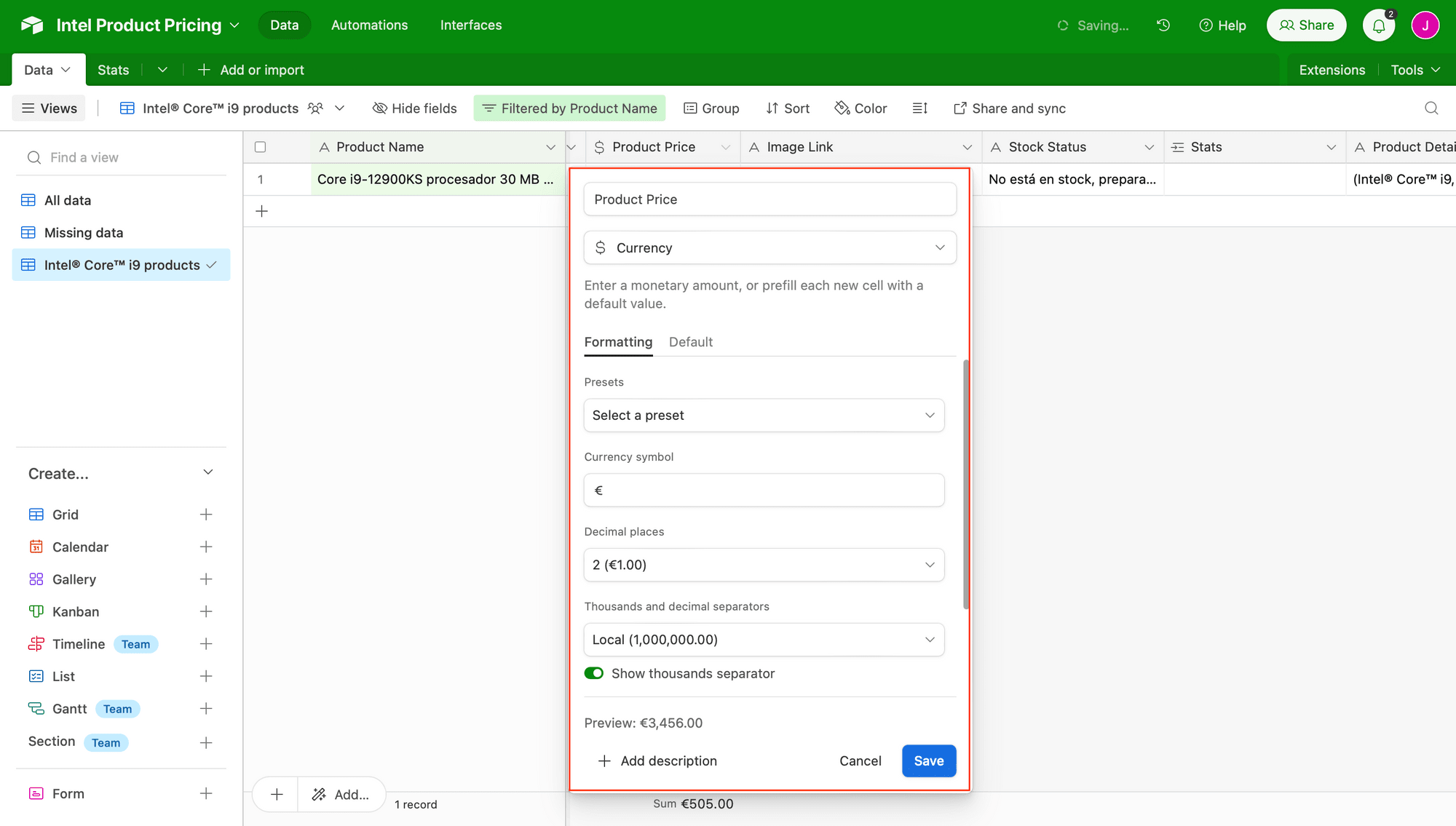 Screenshot of Airtable sample base with currency field options outlined in red