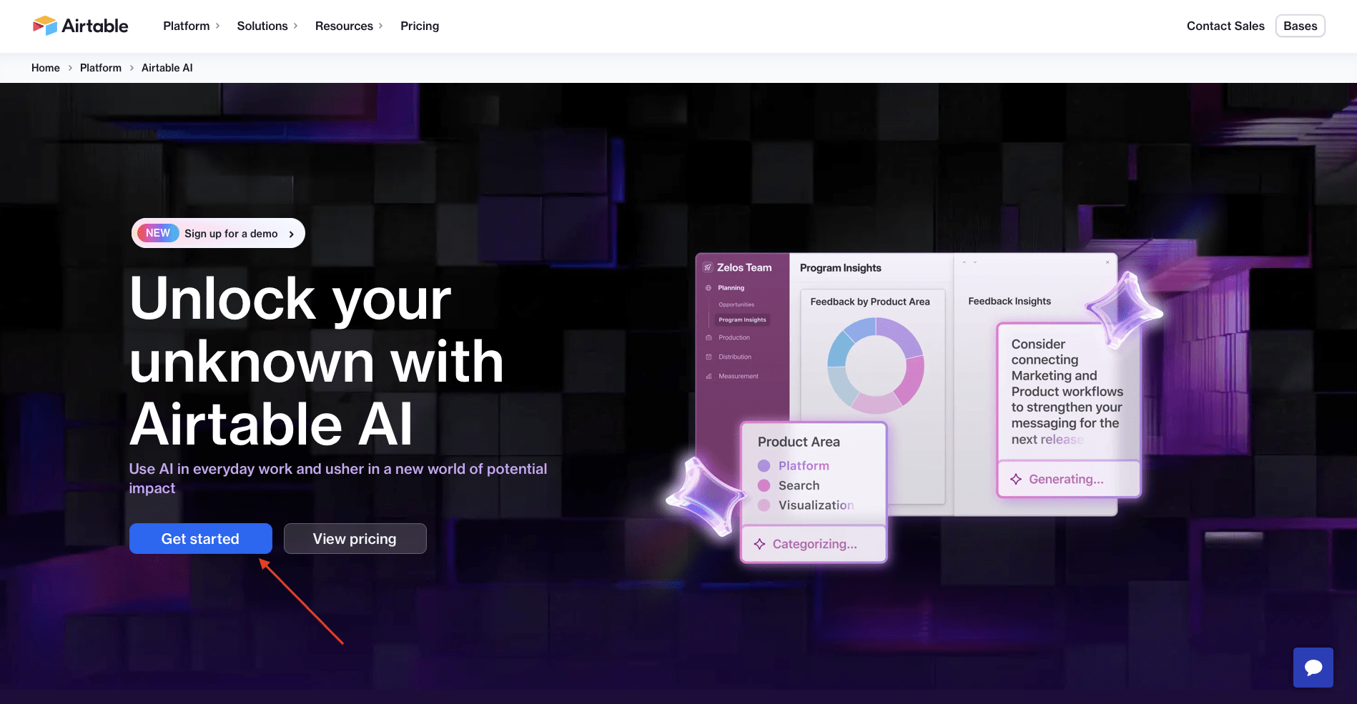 Screenshot of Airtable AI landing page with red arrow pointing to get started