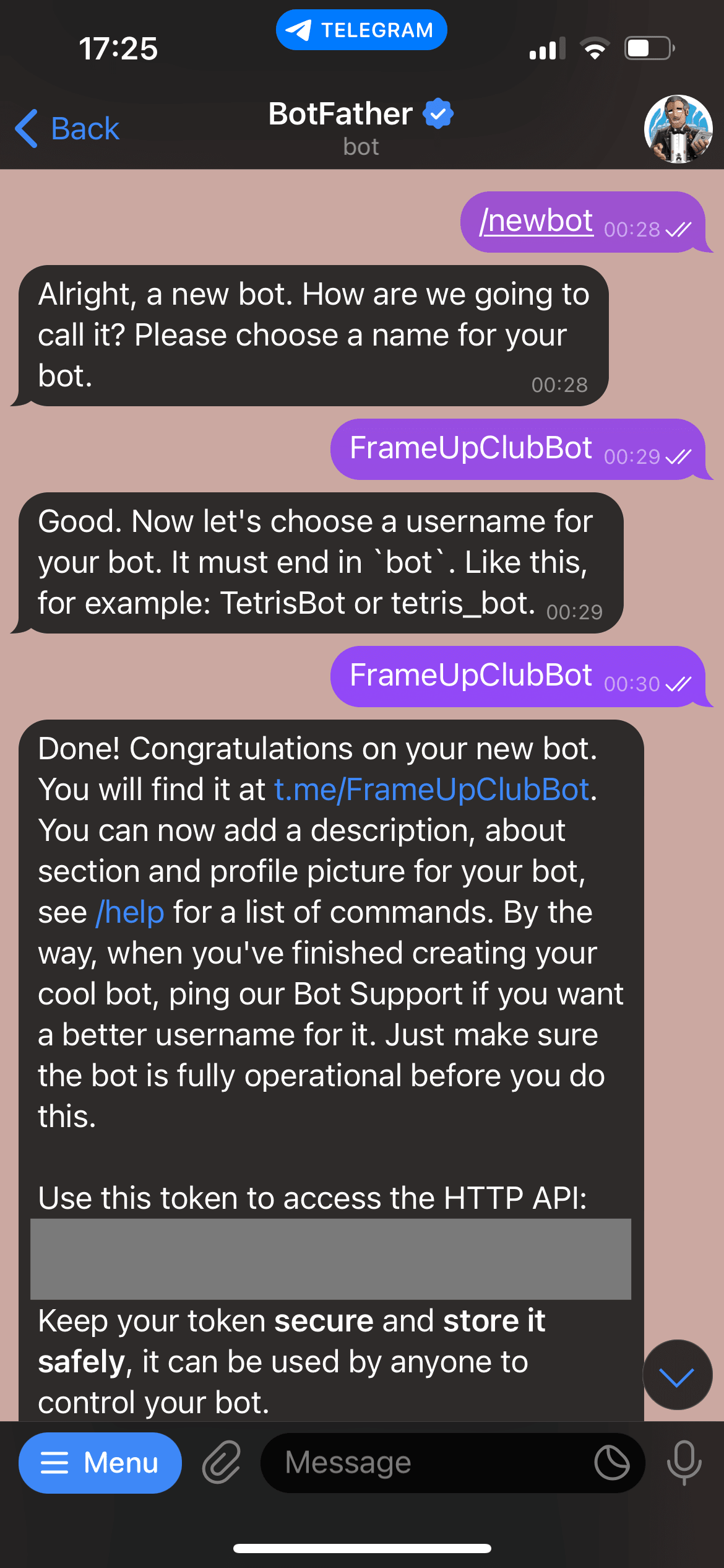 Mobile screenshot of Botfather new bot chat interaction