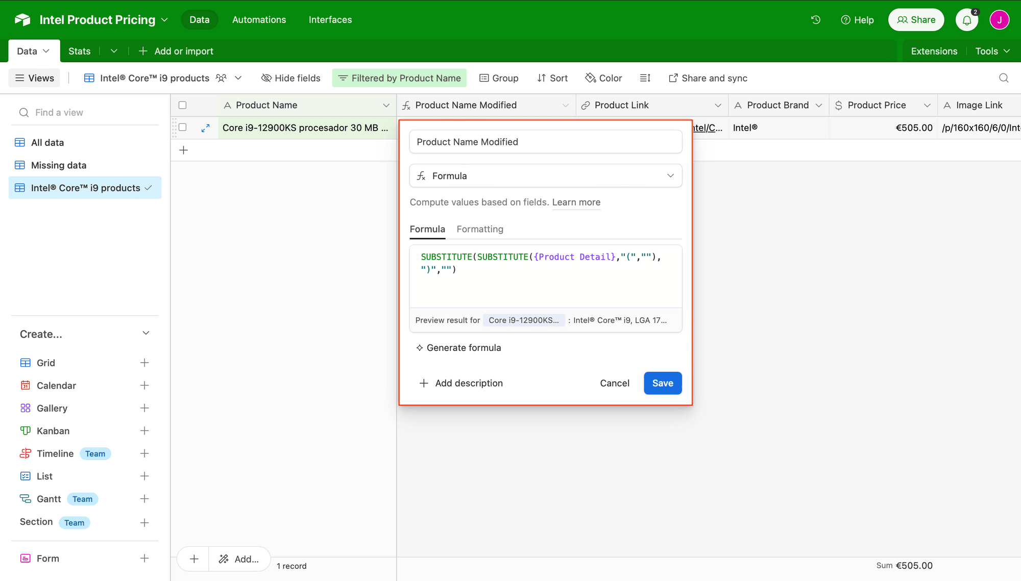 Screenshot of Airtable sample base with substitute formula outlined in red