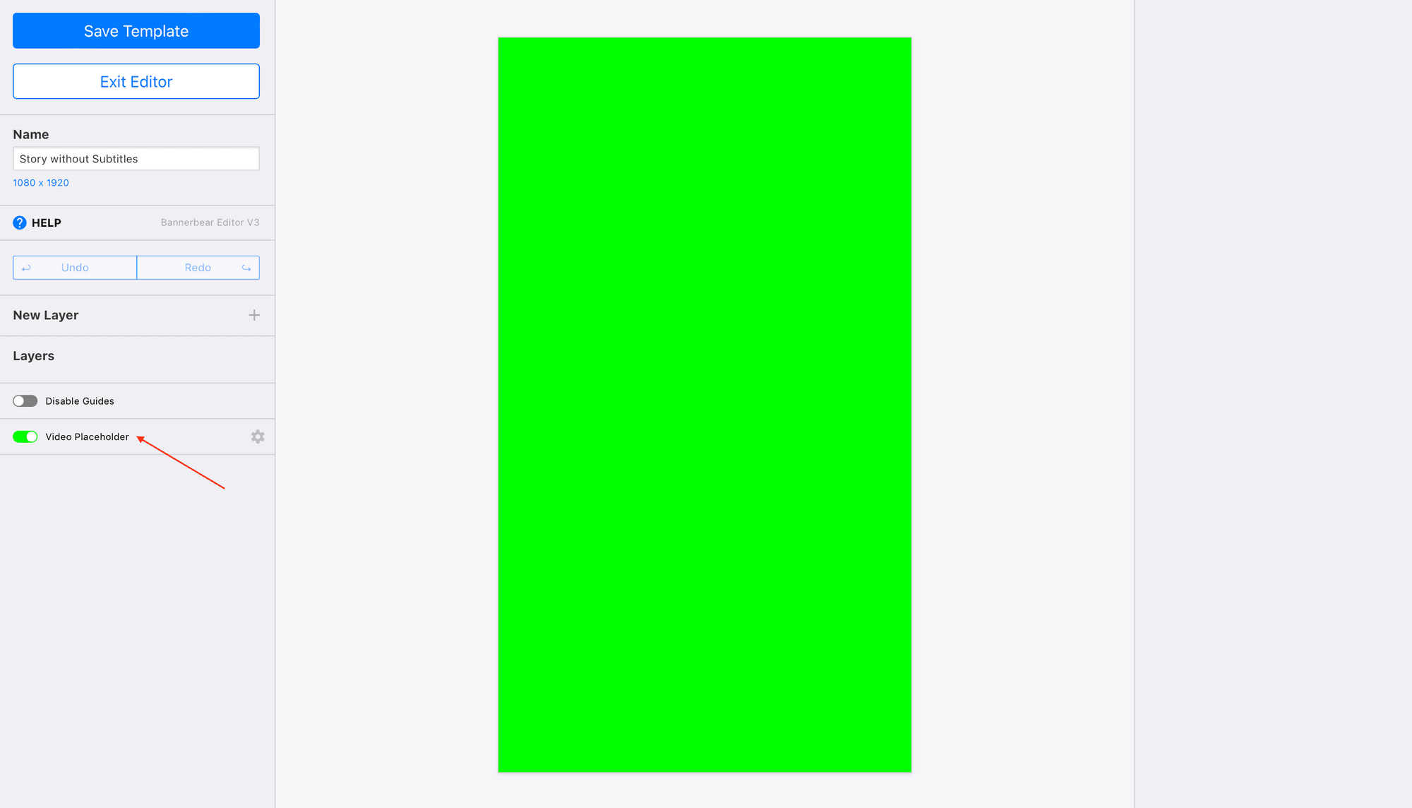 Screenshot of Bannerbear template editor with red arrow pointing to video placeholder toggle