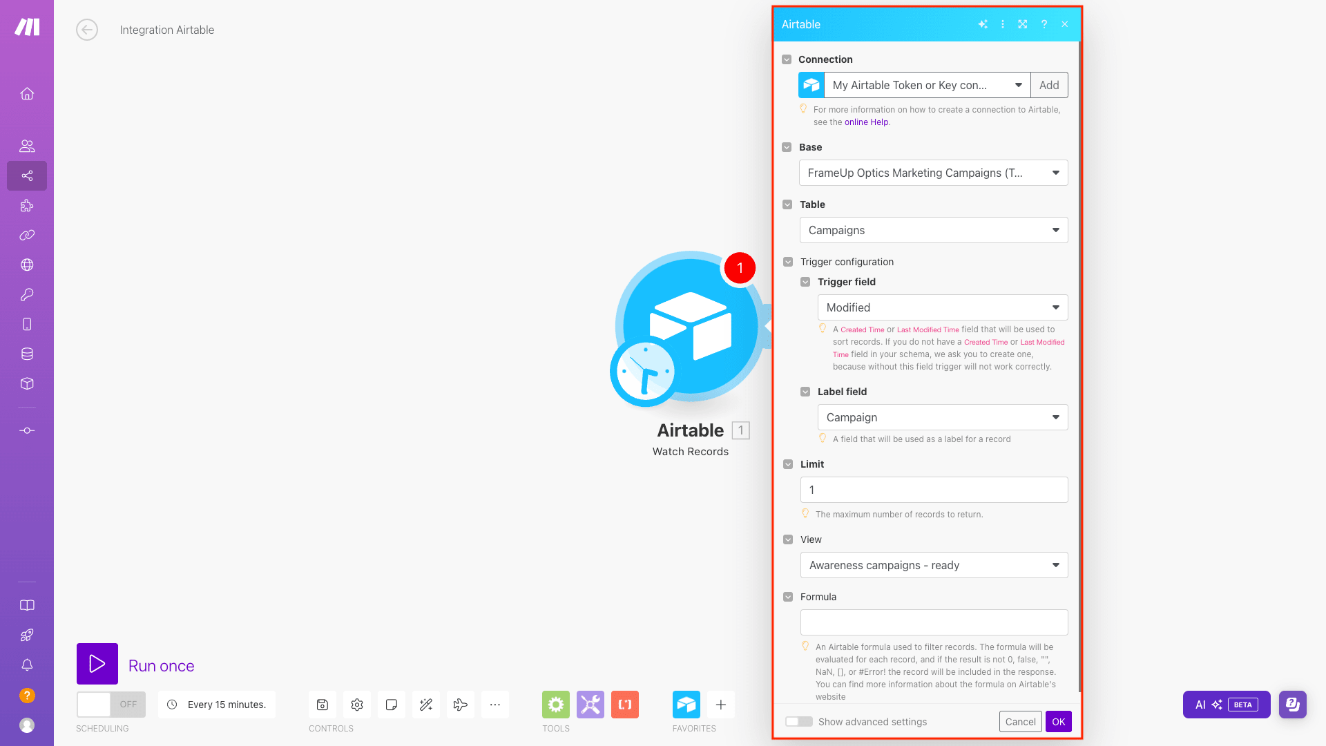 Screenshot of Make scenario with Airtable module setup outlined in red