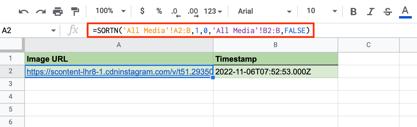 Screenshot of Google Sheets Recent Media worksheet with formula outlined in red