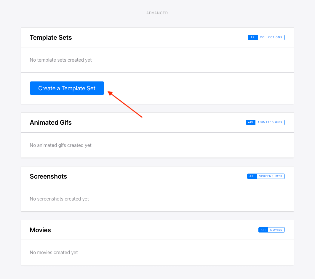 Screenshot of Bannerbear template page with red arrow pointing to Create a Template Set