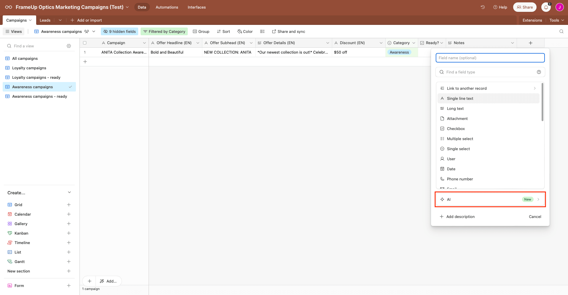 Screenshot of Airtable base new field with AI field type outlined in red