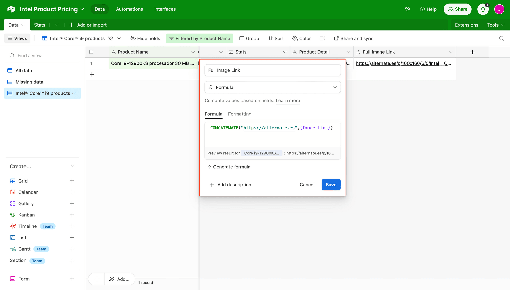 Screenshot of Airtable sample base with concatenate formula outlined in red