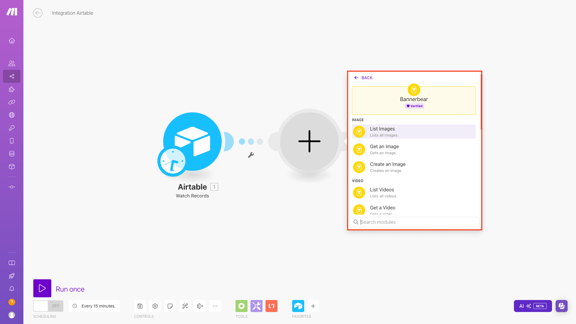 Screenshot of Make scenario editor with Bannerbear module actions outlined in red