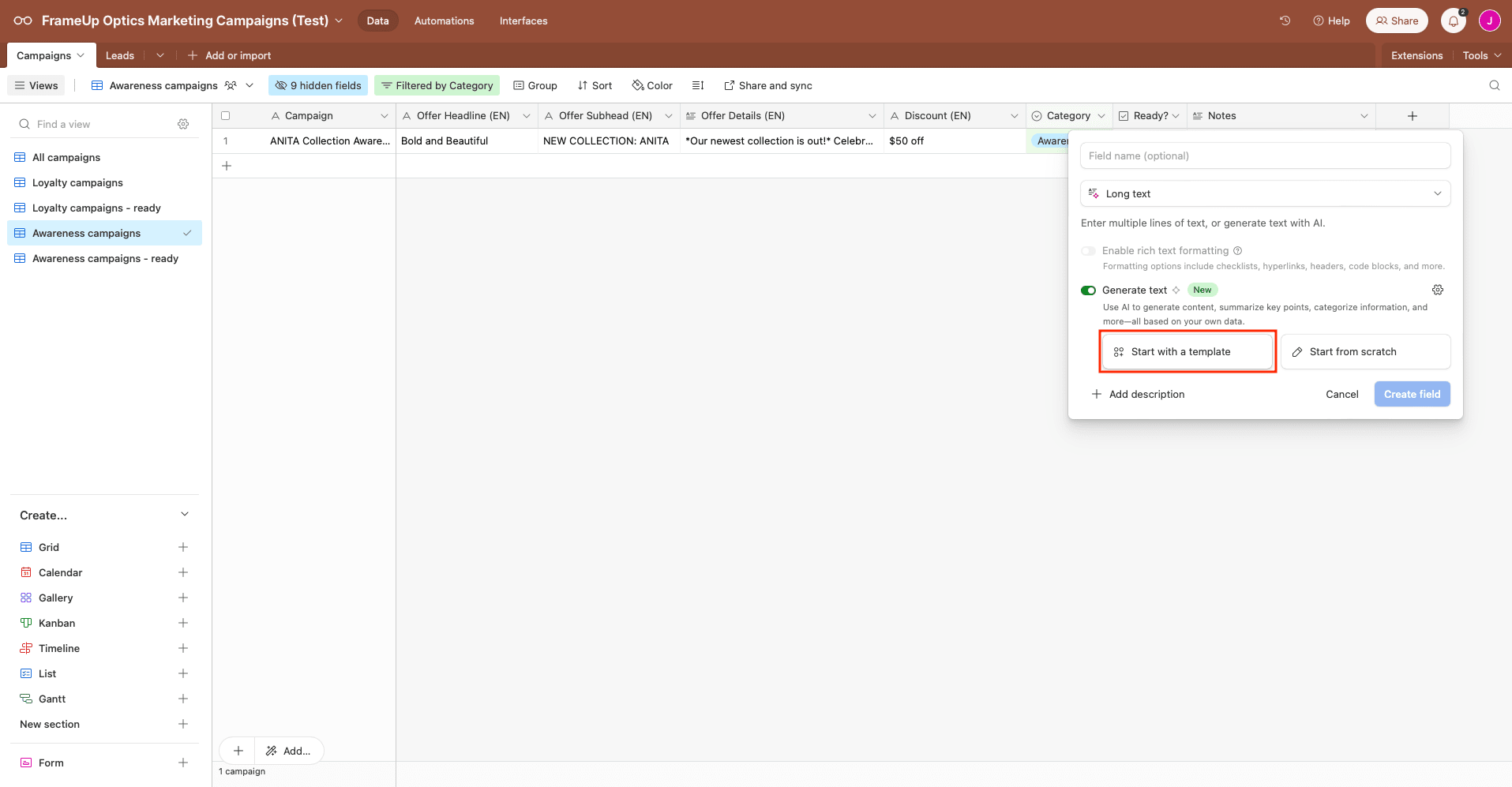 Screenshot of Airtable base AI field setup with start with a template button outlined in red