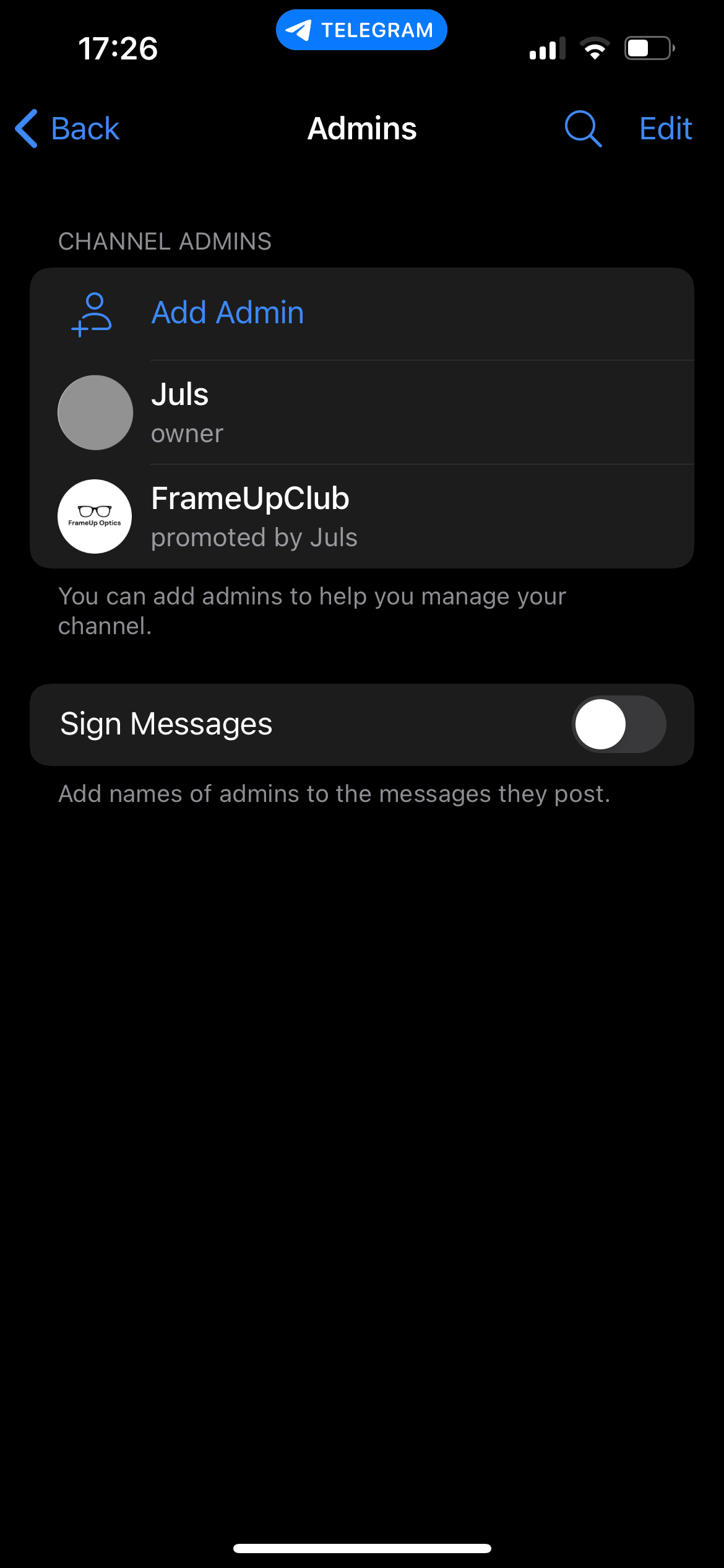 Mobile screenshot of channel admin panel