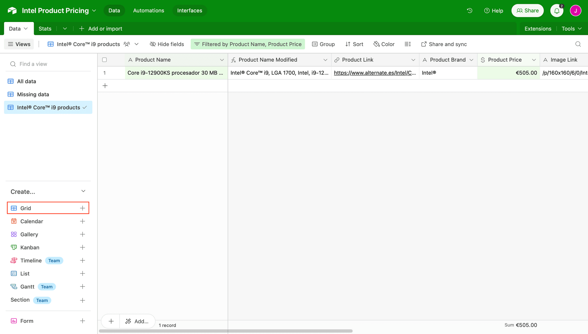 Screenshot of Airtable sample base with grid creation button outlined in red