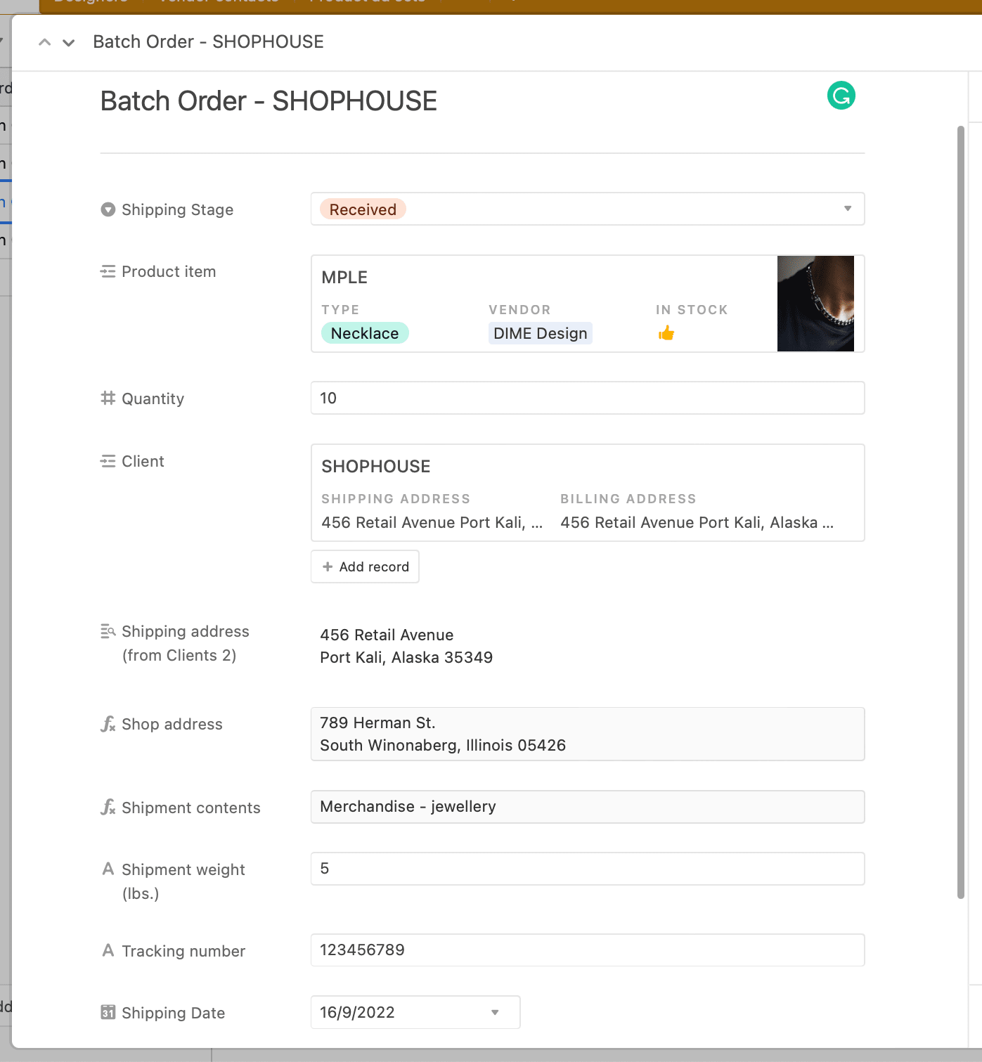 Screenshot of Airtable order table fields