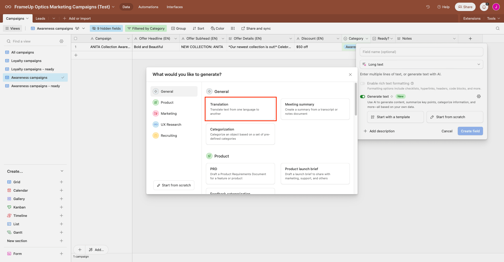 Screenshot of Airtable base AI field setup with translation field type outlined in red