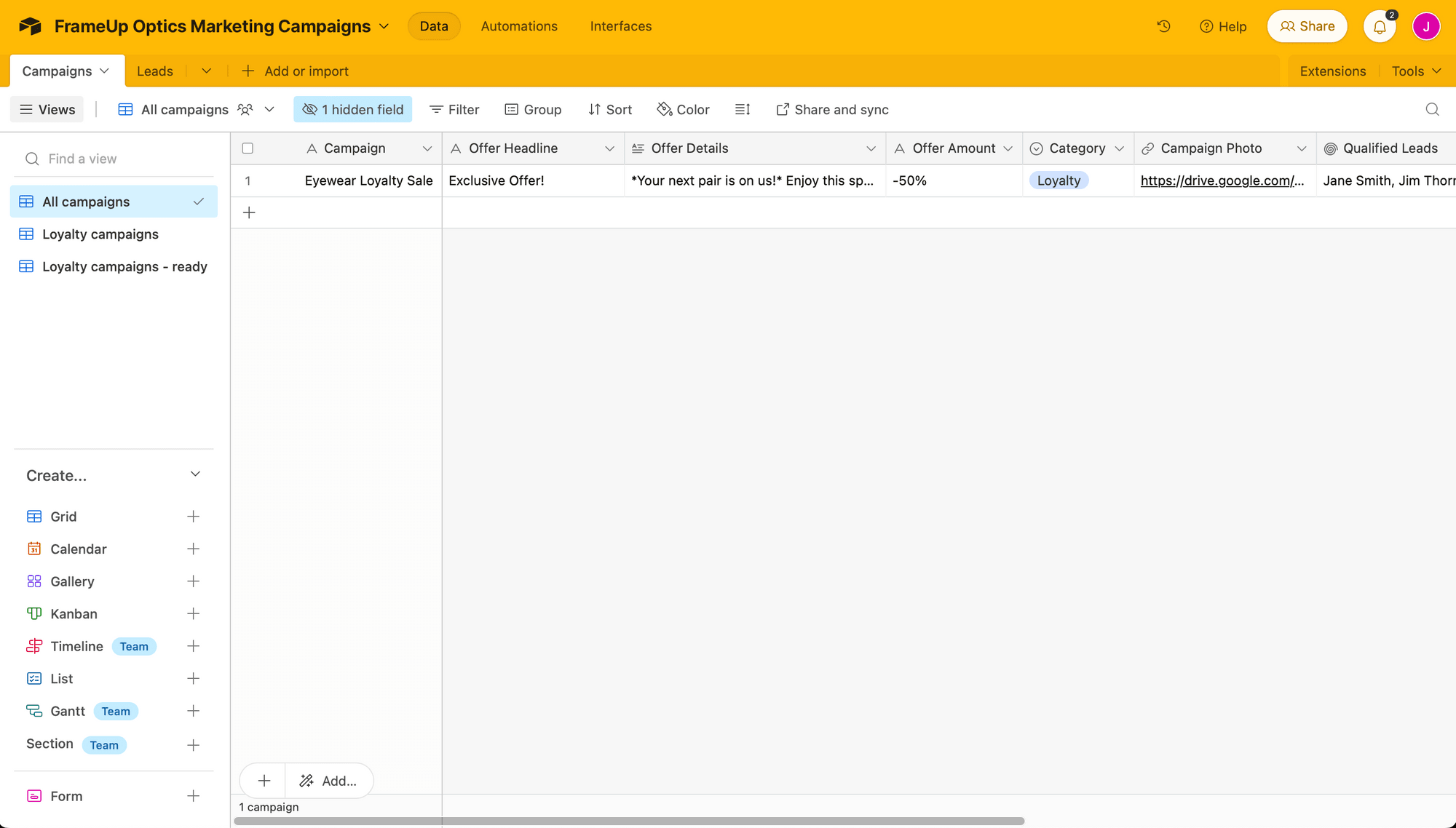 Screenshot of Airtable sample base