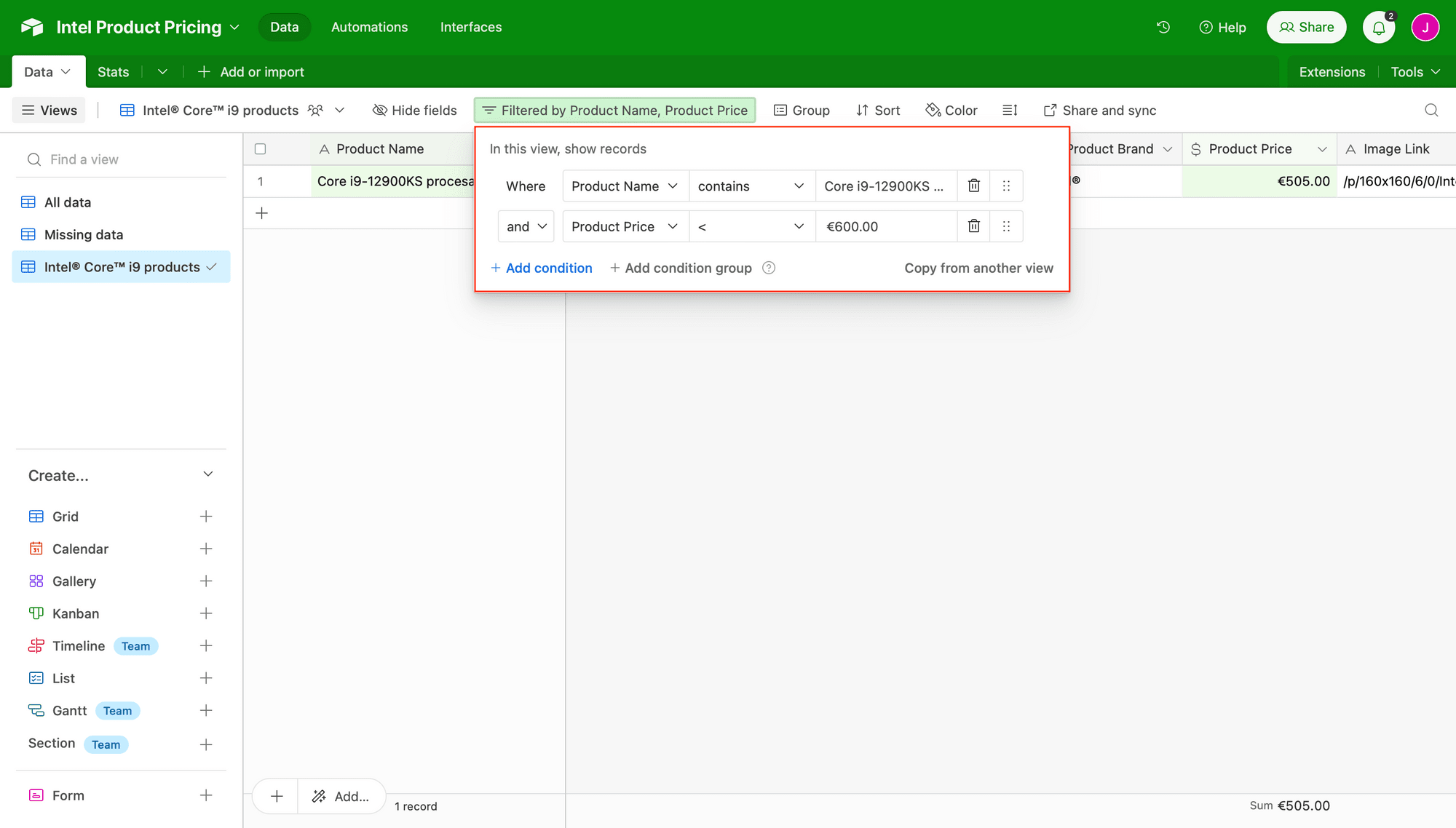 Screenshot of Airtable sample base with view filters outlined in red