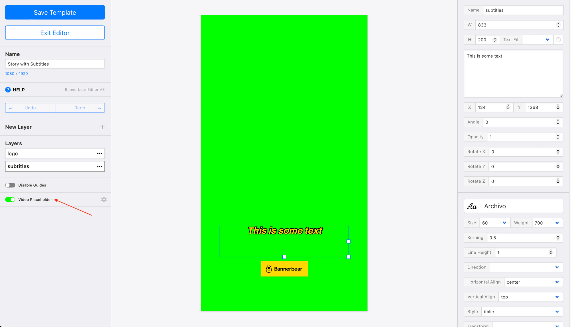 Screenshot of Bannerbear editor with red arrow pointing to video placeholder toggle