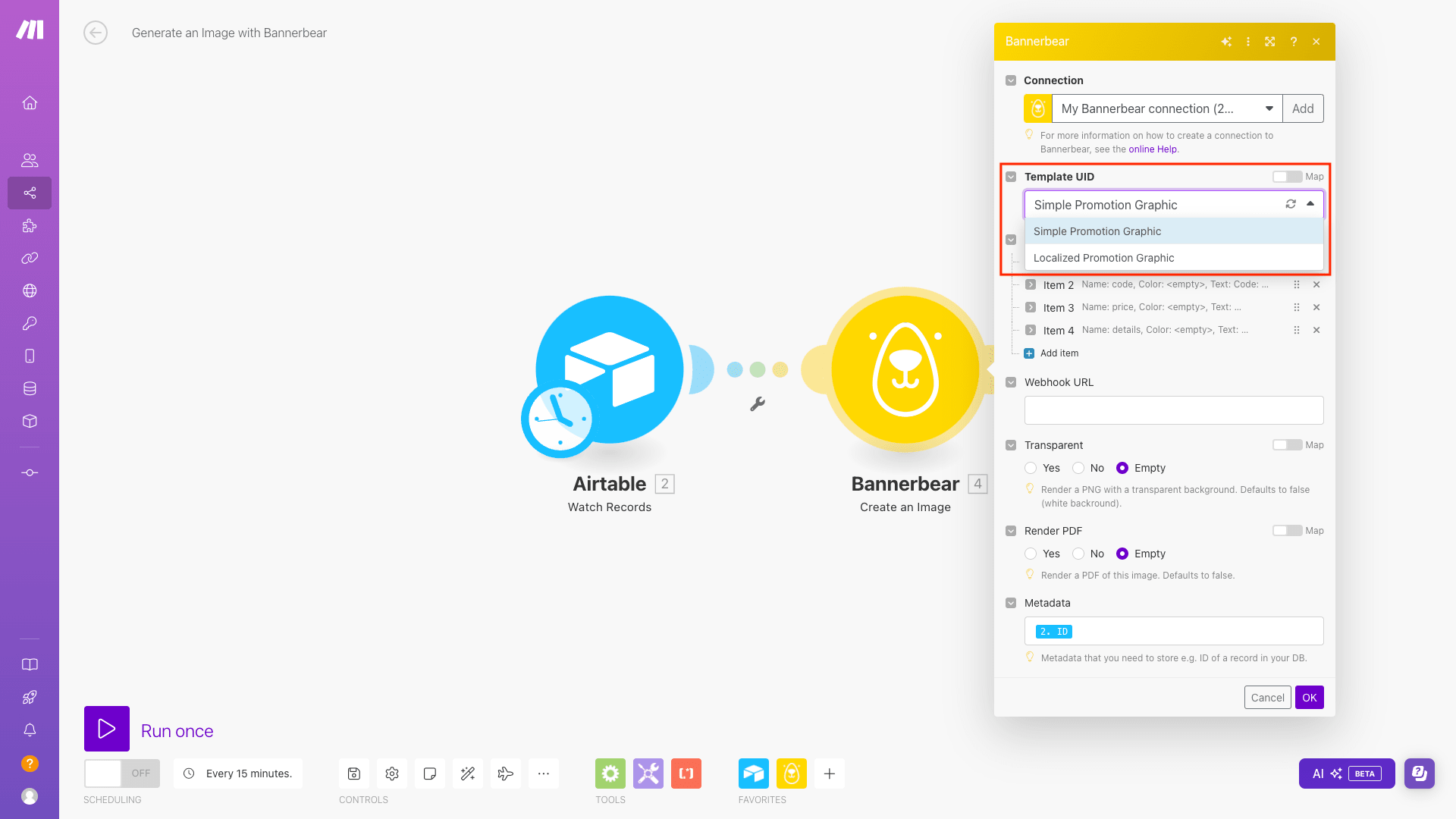 Screenshot of Make scenario editor with Bannerbear template setup outlined in red