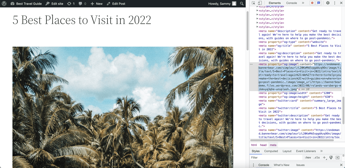 a screenshot of inspecting the meta tags