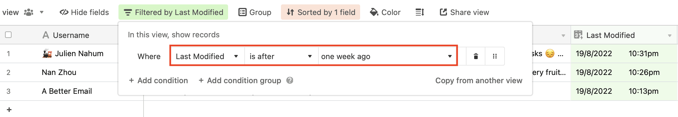 Screenshot of Airtable recent view with red box around filter