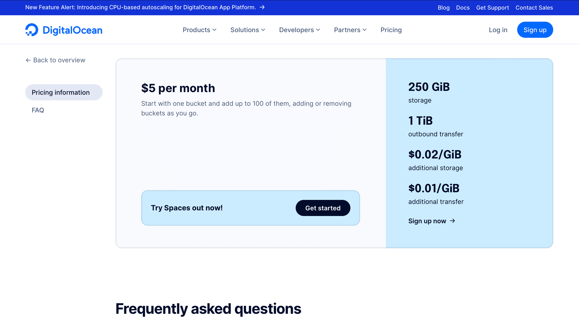 Screenshot of DigitalOcean pricing page