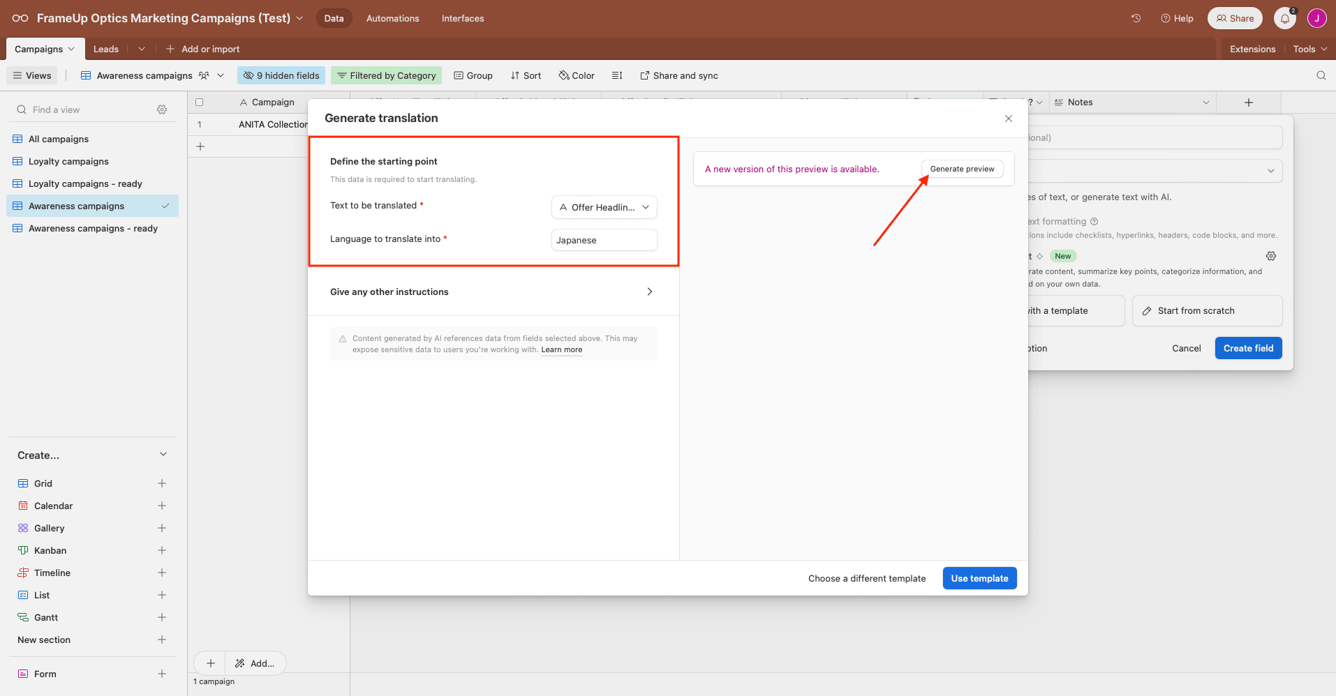 Screenshot of Airtable base AI translation field setup with configuration indicated in red