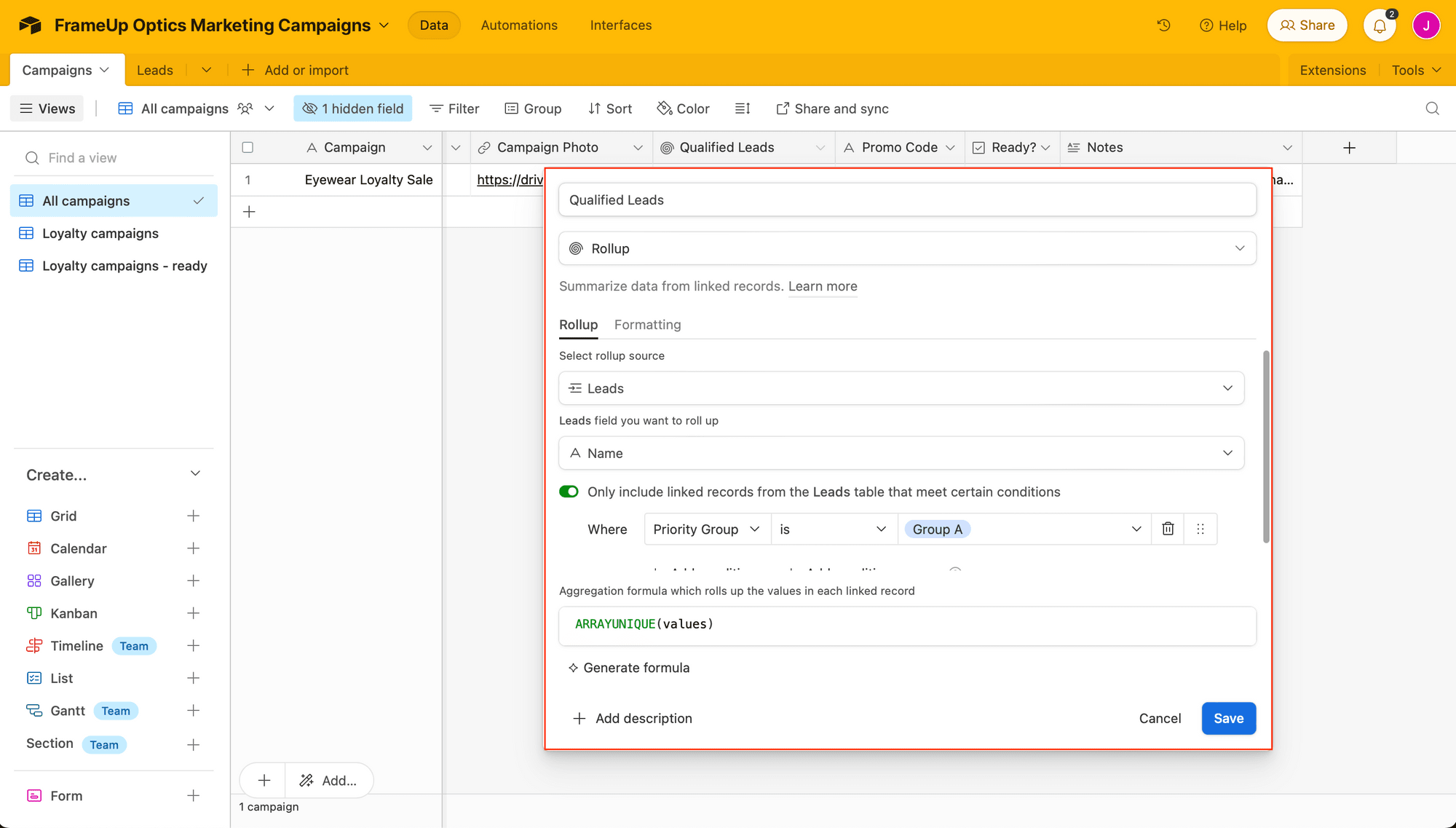 Screenshot of Airtable rollup field outlined in red